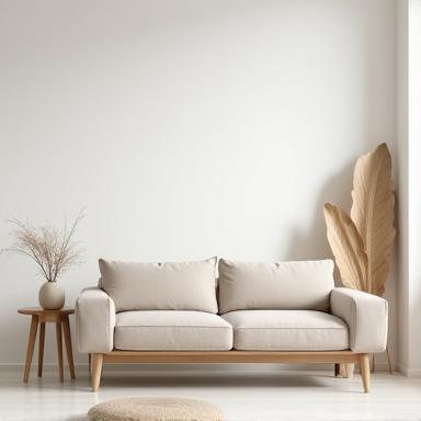 Compact minimalist handmade sofa in neutral beige, Scandinavian-inspired living area