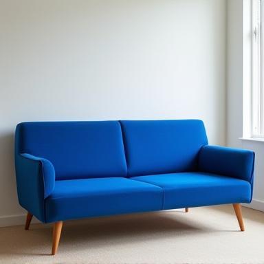 Low-profile mid-century handmade sofa in bold blue, wooden legs